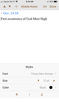 Tap the Format button to access Font type, size, color and style items