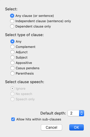 Clause dialog box; available items depend on the item selected at the top.