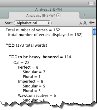 The word "כבד" broken down by lemma, stem, aspect, and number