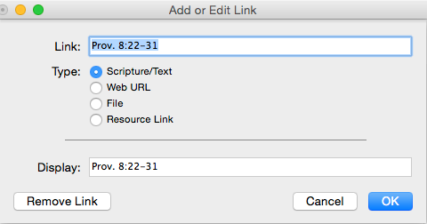 Adding a Scripture link to a User Note: Make sure the Scripture/Text item is selected