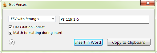 The Get Verses dialog box is used to enter a scripture reference and to then copy that scripture to other programs on your computer.