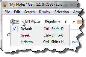 Language pop-up menu on the Edit window toolbar. You can choose the Default lanuguage, Greek, or Hebrew.