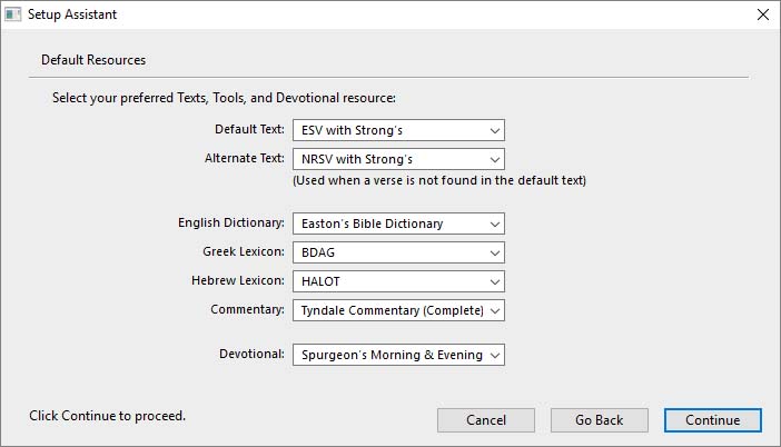 From here you can choose the default Text, Tool and Devotional modules used by Accordance. If no modules were installed for a particular category, that pop-up menu is not available.