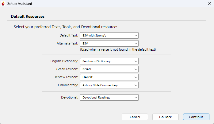 From here you can choose the default Text, Tool and Devotional modules used by Accordance. If no modules were installed for a particular category, that pop-up menu is not available.