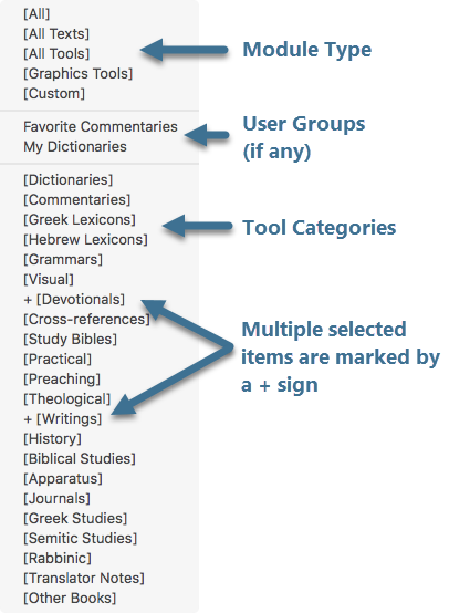 Availalbe items when accessing Research from the Amplify menu or right-click on a selected item. The items are divided into three groupings, module type, User Groups (if any) and Tool categories. You can select more than one item to research