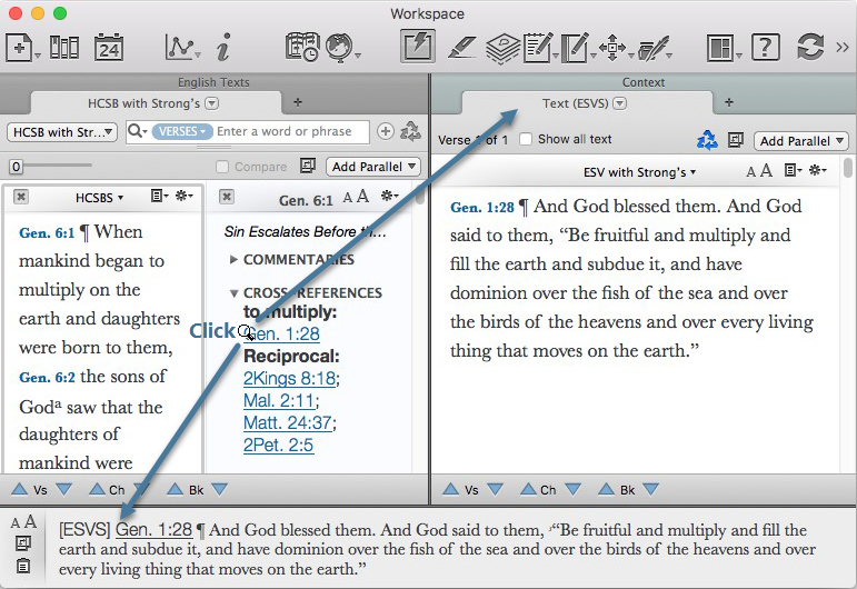 In the Info pane, you can click the cross-reference to open it in a new Text tab, or mouse over the scripture link to view it in the Instant Details