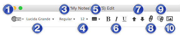 Edit Window toolbar for User Notes: Use the toolbar to change the input language, font type, size, color, insert pictures and more