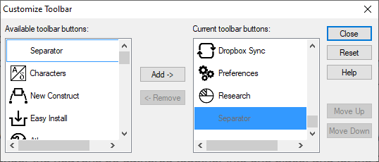 Customize Toolbar dialog box