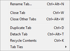 Shortcut menu for a Tab in a Workspace