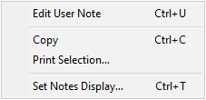 Shortcut menu accessed via the User Notes tab