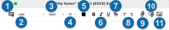 Edit Window toolbar for User Notes: Use the toolbar to change the input language, font type, size, color, insert pictures and more