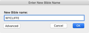 Enter New Bible Name dialog box, used to import a User bible