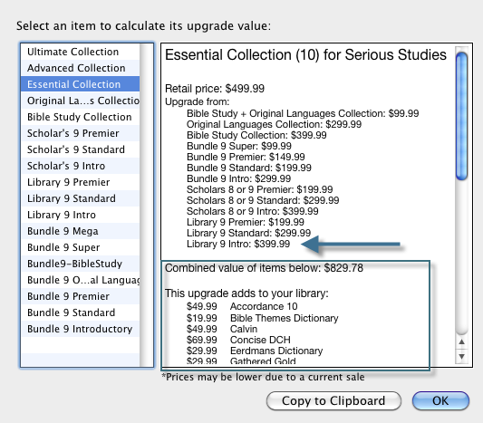 Locating the cost of upgrading to the Essential Collection