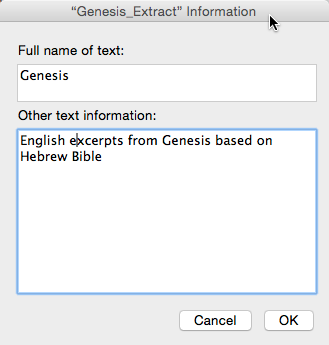 Information dialog box for imported User Bible; entries here will appear when accessing information about the User Bible