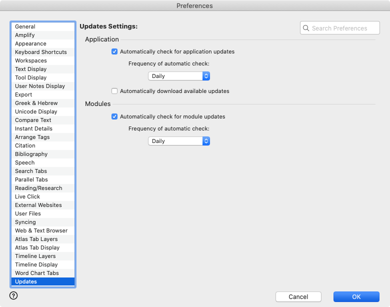 Updates area of the Preferences dialog box: This is used to set how Accordance checks for application and resource updates