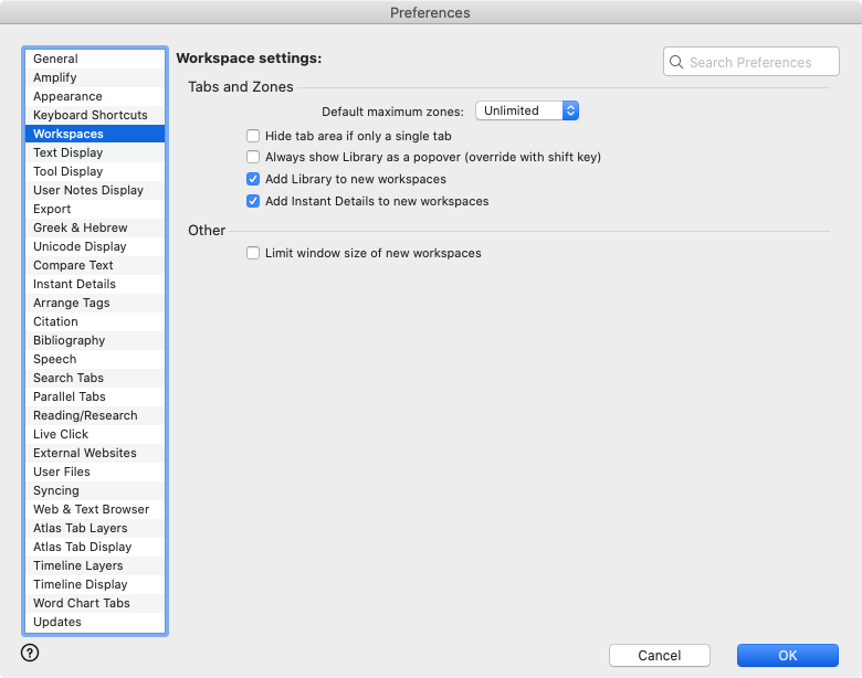 Workspaces area of the Preferences dialog box: This is used to set how Accordance displays Tabs and Zones