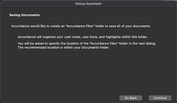Select location for Accordance Files screen