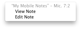Shortcut menu for the User Note icon for a single user note added to a verse