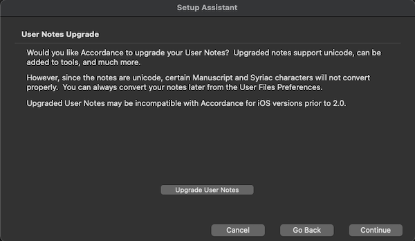 Upgrade User Notes screen