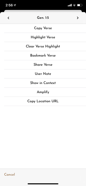 Action menu when selecting a Verse reference, a list of available items appears, along with arrows for selecting additional verses before or after your selection