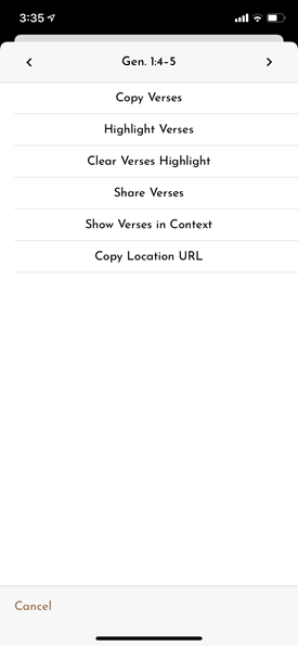 Action menu when selecting multiple verses, a list of available items appears, along with arrows for selecting additional verses before or after your selection