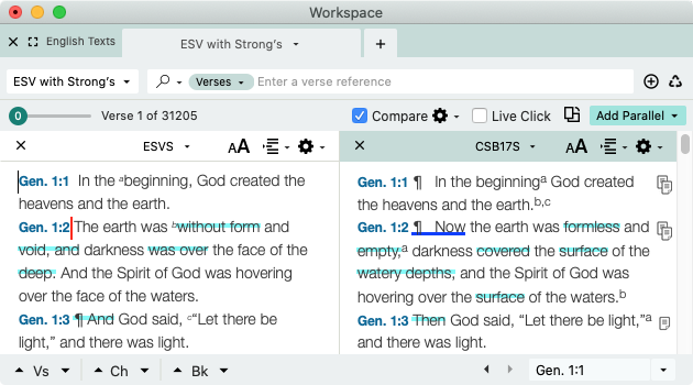 This picture shows a comparison of the ESV with HCSBS versions (Genesis 1:1)
