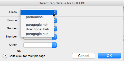 The Select tag details for Suffix (Hebrew) dialog box has been revised. This picture will be updated in a future version of the Accordance Help.