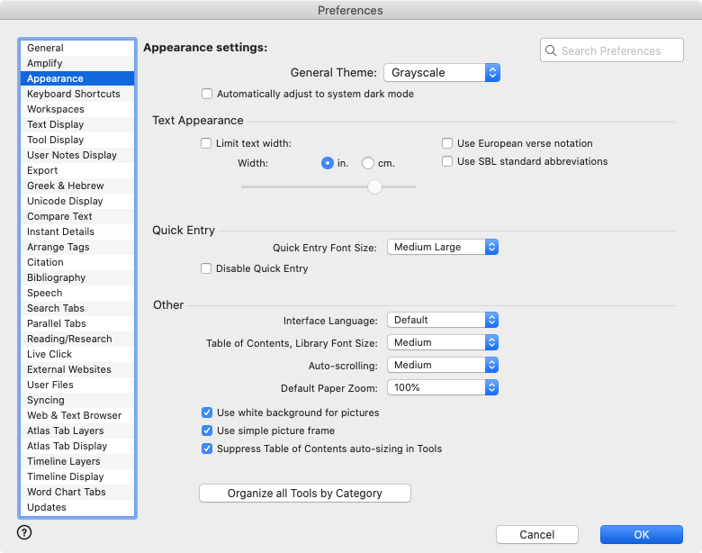 Appearance Area of Preferences Dialog Box
