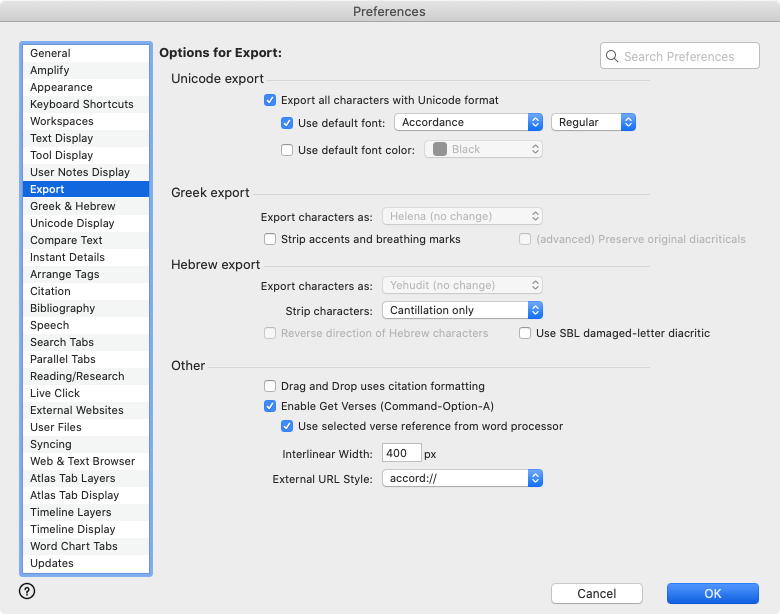 Export Area of Preferences Dialog Box