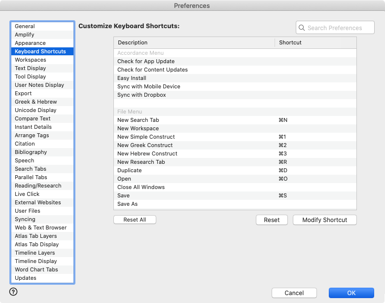 Keyboard Shortcuts area of the Preferences dialog box: This is used to set how Accordance checks for application and resource updates
