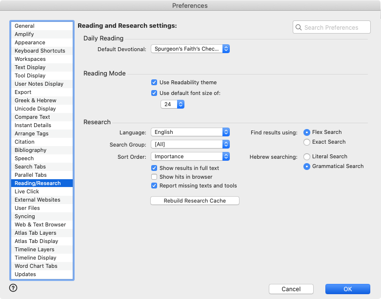 The Reading/Research area of the Preferences dialog box