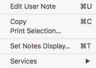Shortcut menu accessed via the User Notes tab