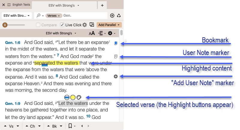 Example of selection, a User Note marker, and a bookmark