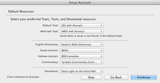 From here you can choose the default Text, Tool and Devotional modules used by Accordance. If no modules were installed for a particular category, that pop-up menu is not available.