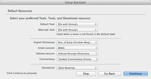 From here you can choose the default Text, Tool and Devotional modules used by Accordance. If no modules were installed for a particular category, that pop-up menu is not available.