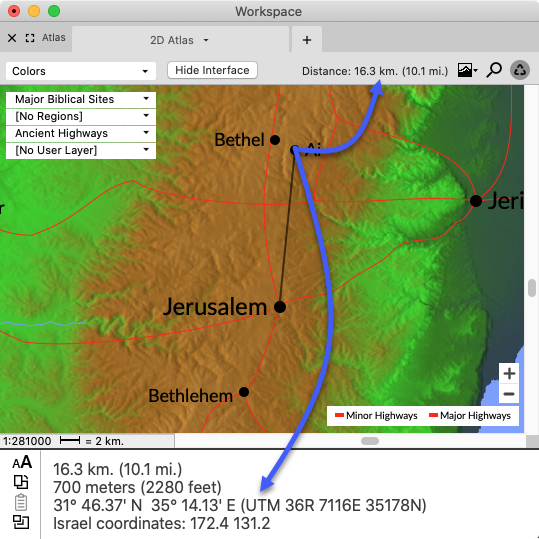 Measuring distance on a map. The distance is displayed at the top of the Map tab and in the Instant Details.