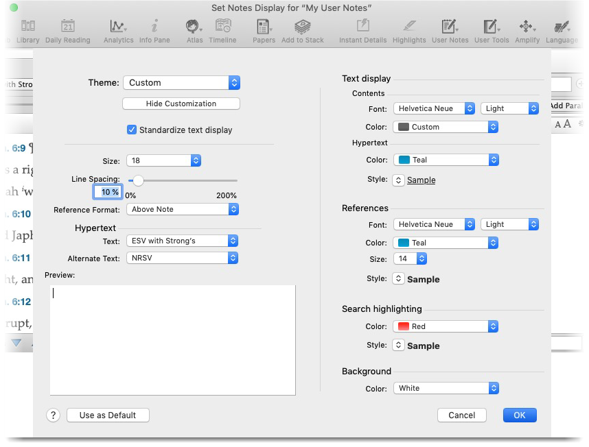 Set User Notes Display for the active User Notes file