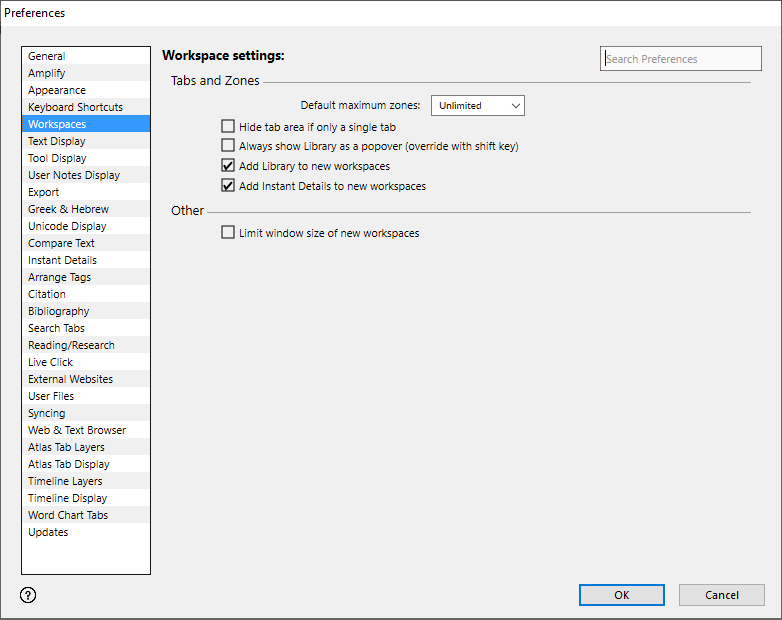 Workspaces area of the Preferences dialog box: This is used to set how Accordance displays Tabs and Zones
