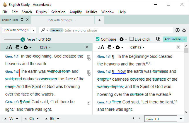 This picture shows a comparison of the ESV with HCSBS versions (Genesis 1:1)