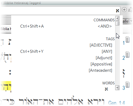 Type a Hebrew letter in the Search Entry box to see a list of possible entries in the Quick Entry pop-up menu, including tags and commands.
