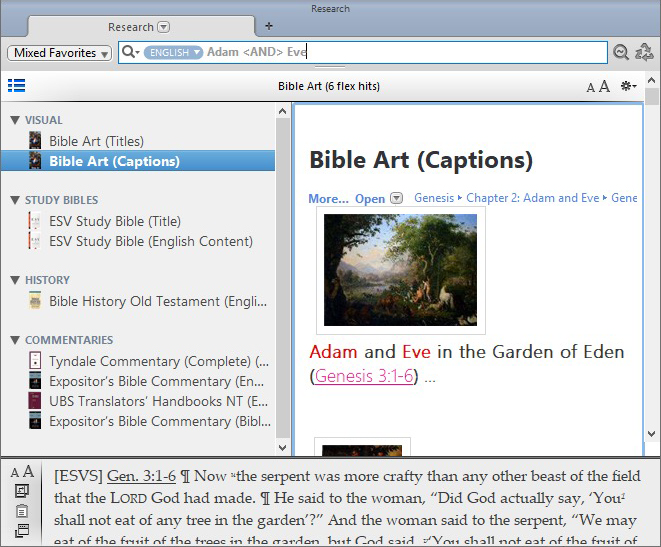 Research tab showing search results in a variety of modules on the search argument: Adam <AND> Eve