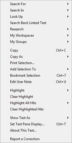 Shortcut menu for a Bible Text Pane (Search, Parallel, Text, or Reference List Tabs)