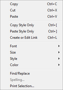 Shortcut menu for a User Note or User Tool Edit Window